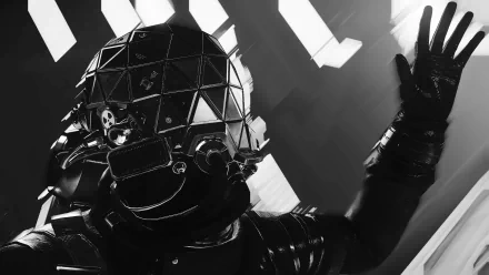 HD desktop wallpaper featuring a sci-fi scene from the video game Prey (2017), showcasing a futuristic character in a complex helmet and suit with a dynamic background.