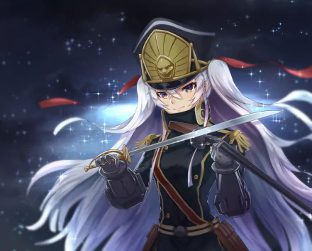 HD desktop wallpaper featuring Gunpuku no Himegimi from the anime Re:Creators. The character is seen holding a sword against a starry night sky background, exuding a fierce and determined aura.