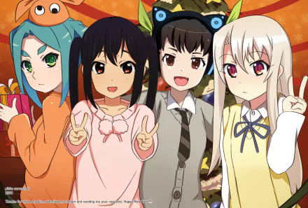 HD anime crossover wallpaper featuring Illyasviel Von Einzbern, Mayoi Hachikuji, Azusa Nakano, and Yotsugi Ononoki in vibrant, colorful PC desktop background style.
