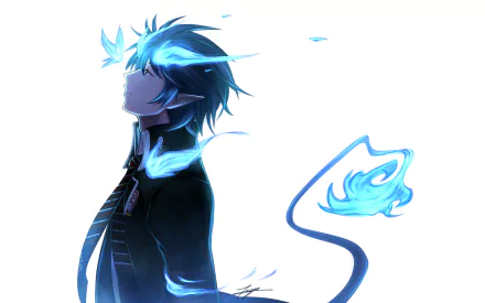 Anime character Rin Okumura from Ao No Exorcist with black hair, horns, pointed ears, tail, and surrounded by blue flames, wearing a uniform and tie. Stylish HD wallpaper and background.