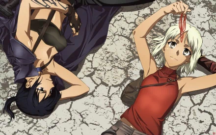 HD anime desktop wallpaper featuring two cute characters from Canaan, lying on cracked ground with relaxed expressions and casual outfits.