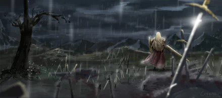 HD PC desktop wallpaper from the anime Re:Creators, depicting a lone character standing in a rainy, sword-filled battlefield under a stormy sky.