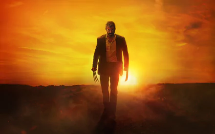 HD wallpaper of Hugh Jackman as Wolverine from the movie Logan, walking towards the sunset in a dramatic, silhouetted landscape.