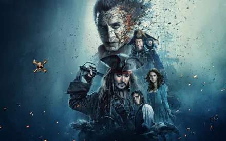 HD desktop wallpaper featuring characters from Pirates of the Caribbean: Dead Men Tell No Tales including Jack Sparrow, Captain Salazar, Hector Barbossa, Henry Turner, and Carina Smyth in a dynamic action scene.
