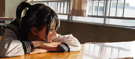 Anime girl with black hair in a ponytail and black eyes, wearing a school uniform, rests her arms and gazes reflectively on a wooden desk in a sunlit classroom. HD desktop wallpaper and background.