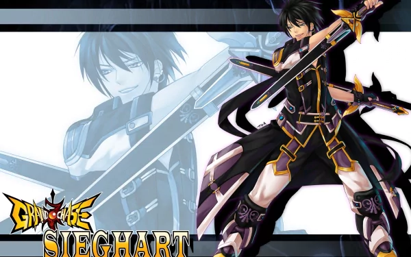 HD PC desktop wallpaper featuring Sieghart, a character from the video game GrandChase, wielding dual swords with dynamic black and purple attire.