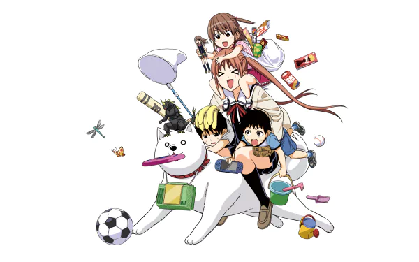 HD desktop wallpaper from the anime Aho Girl featuring Tadashi, Mamoru, Yoshiko Hanabatake, the Dog, and Nozomi in a fun, chaotic scene with various objects scattered around.