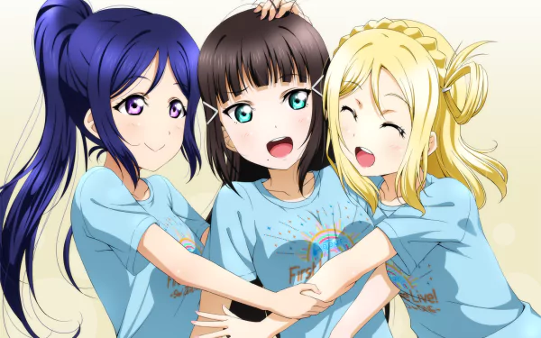HD desktop wallpaper of Love Live! Sunshine!! anime: Dia Kurosawa, Mari Ohara and Kanan Matsuura smiling and hugging in matching blue T-shirts.