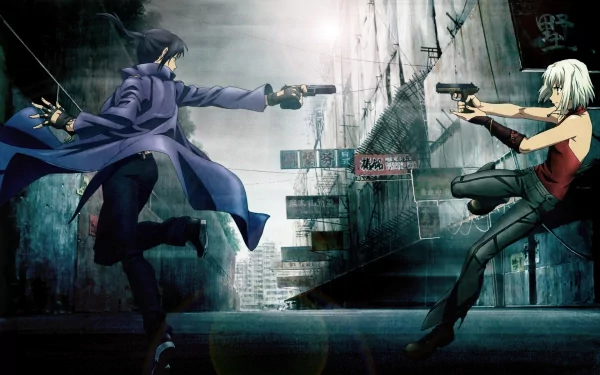 HD anime desktop wallpaper featuring Canaan characters in a dynamic standoff, blending action and stylized visuals with a dark, urban backdrop.