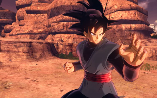 HD desktop wallpaper featuring Goku from Dragon Ball Xenoverse 2 video game, striking a combat pose amidst rocky terrain.