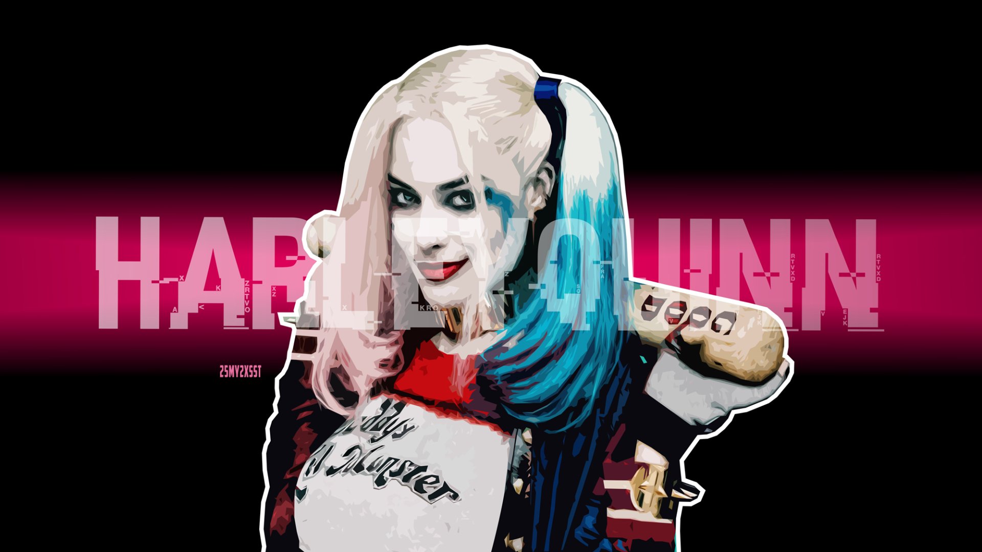 HD desktop wallpaper featuring Margot Robbie as Harley Quinn from the movie Suicide Squad, with a striking dark background and text overlay.