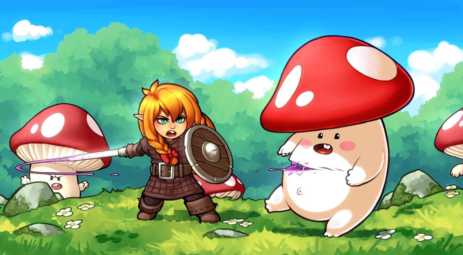 HD desktop wallpaper featuring a blonde, green-eyed woman warrior with a braid, holding a sword and shield, facing off against large, animated mushrooms in a fantastical forest setting.