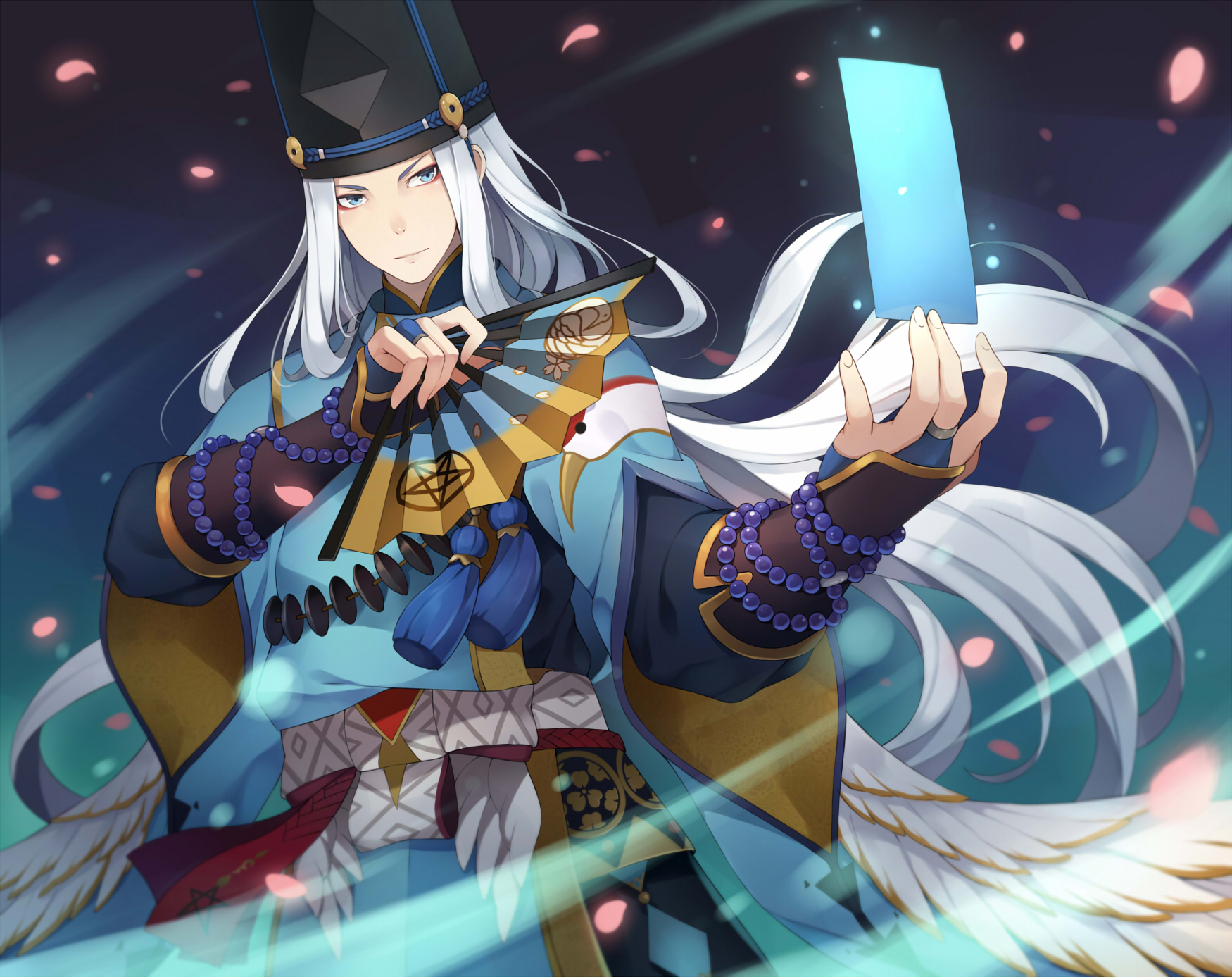 Anime-style Onmyoji character with long white hair, intricate traditional attire, and glowing talisman, featured in a vibrant HD PC desktop wallpaper background.
