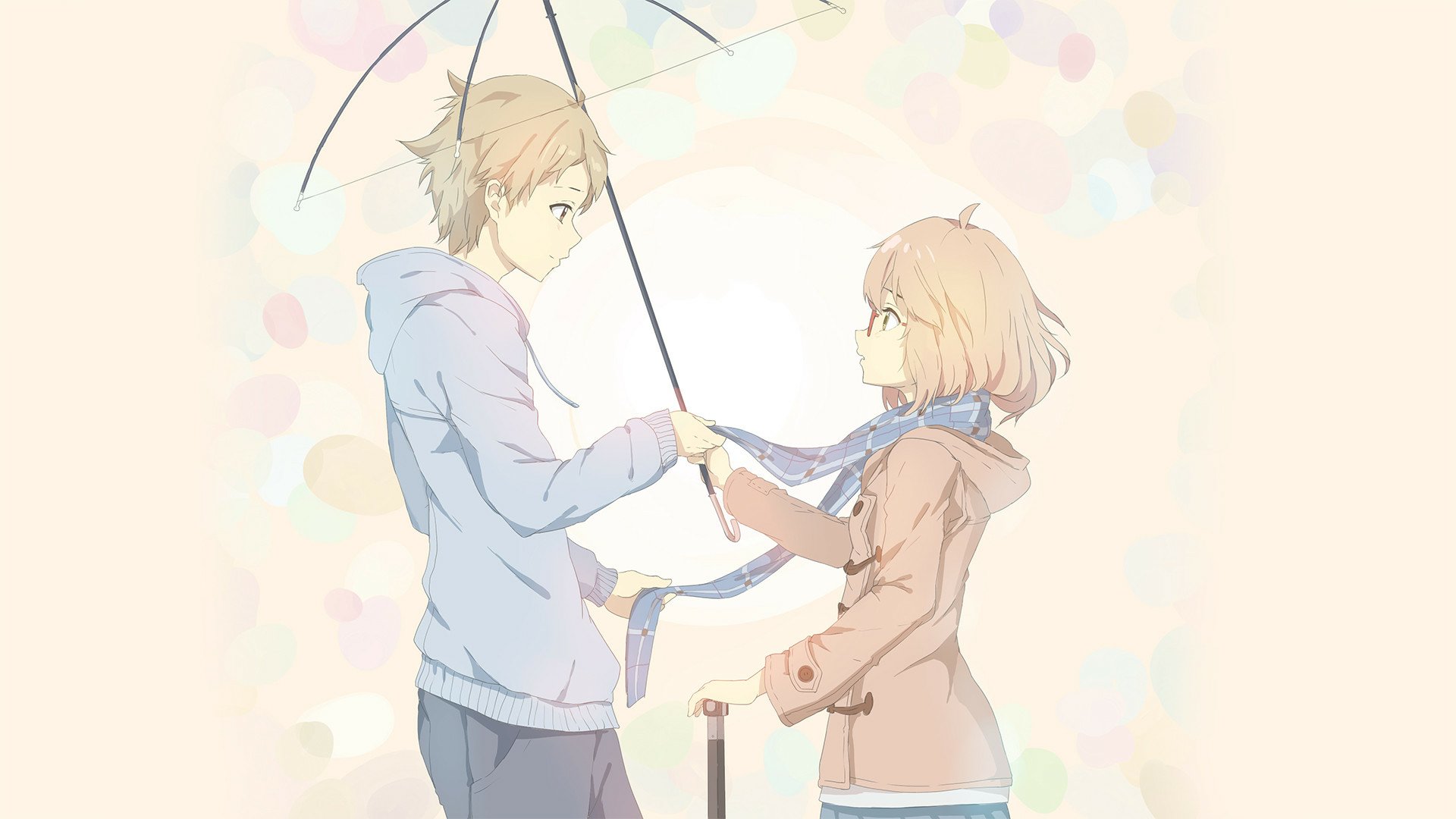 A HD desktop wallpaper featuring Akihito Kanbara and Mirai Kuriyama from the anime Beyond the Boundary, depicted standing under an umbrella against a soft, pastel-colored background.