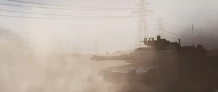 Dust-choked M1 Abrams tank advancing through haze — Battlefield 3 video game 5K Ultra HD PC desktop wallpaper/background.