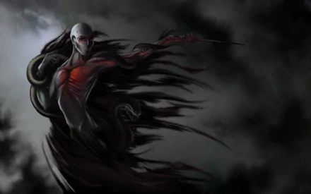 A dark, dramatic HD wallpaper featuring Lord Voldemort from the Harry Potter series, depicted with eerie shadows and a striking color contrast, capturing his menacing presence.