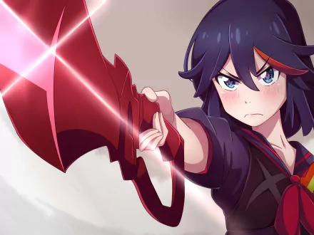 HD desktop wallpaper featuring Ryūko Matoi from the anime series Kill La Kill, showcasing her holding a glowing red weapon with a determined expression.