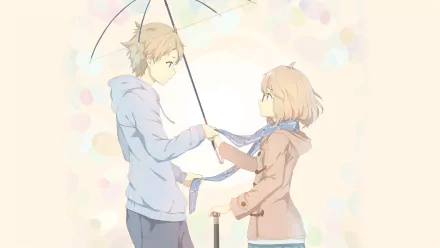 A HD desktop wallpaper featuring Akihito Kanbara and Mirai Kuriyama from the anime Beyond the Boundary, depicted standing under an umbrella against a soft, pastel-colored background.