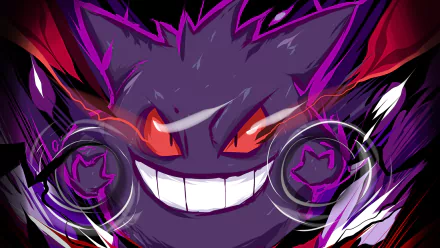 HD desktop wallpaper featuring Gengar, a Pokémon from the anime series Pokémon. The image showcases a dynamic and intense portrayal of Gengar with a menacing smile and glowing red eyes.