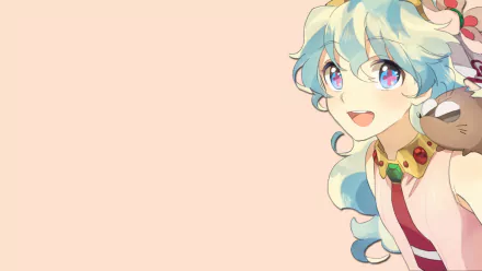 HD PC desktop wallpaper featuring Nia Teppelin from Tengen Toppa Gurren Lagann: pastel background with Nia's blue-green curls, bright multicolored eyes, cheerful smile and ornate collar on the right.