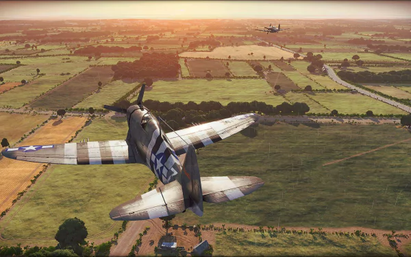 HD desktop wallpaper of Steel Division: Normandy 44 featuring a WWII fighter plane flying over a detailed landscape at sunset.