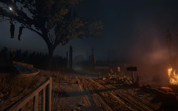 HD desktop wallpaper and background from the video game Outlast 2, depicting a dark and eerie rural scene with a tree, hanging figures, and a bonfire under a night sky.
