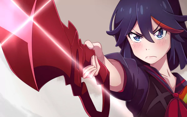 HD desktop wallpaper featuring Ryūko Matoi from the anime series Kill La Kill, showcasing her holding a glowing red weapon with a determined expression.