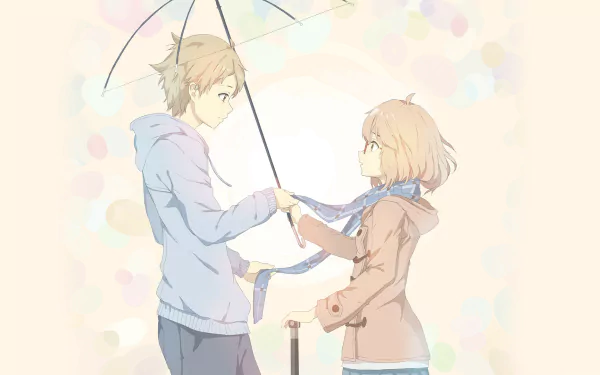 A HD desktop wallpaper featuring Akihito Kanbara and Mirai Kuriyama from the anime Beyond the Boundary, depicted standing under an umbrella against a soft, pastel-colored background.