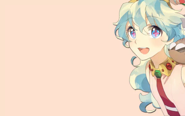 HD PC desktop wallpaper featuring Nia Teppelin from Tengen Toppa Gurren Lagann: pastel background with Nia's blue-green curls, bright multicolored eyes, cheerful smile and ornate collar on the right.
