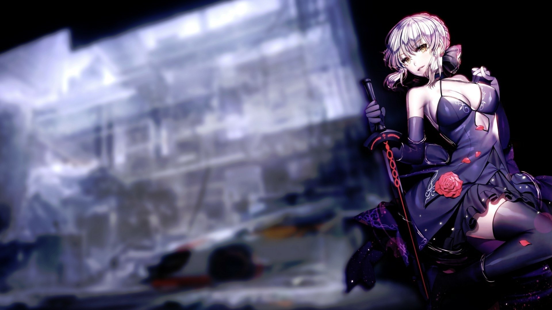 HD PC desktop wallpaper featuring Saber from Fate/stay Night Movie: Heaven's Feel in a dark, detailed anime style with a blurred urban background.
