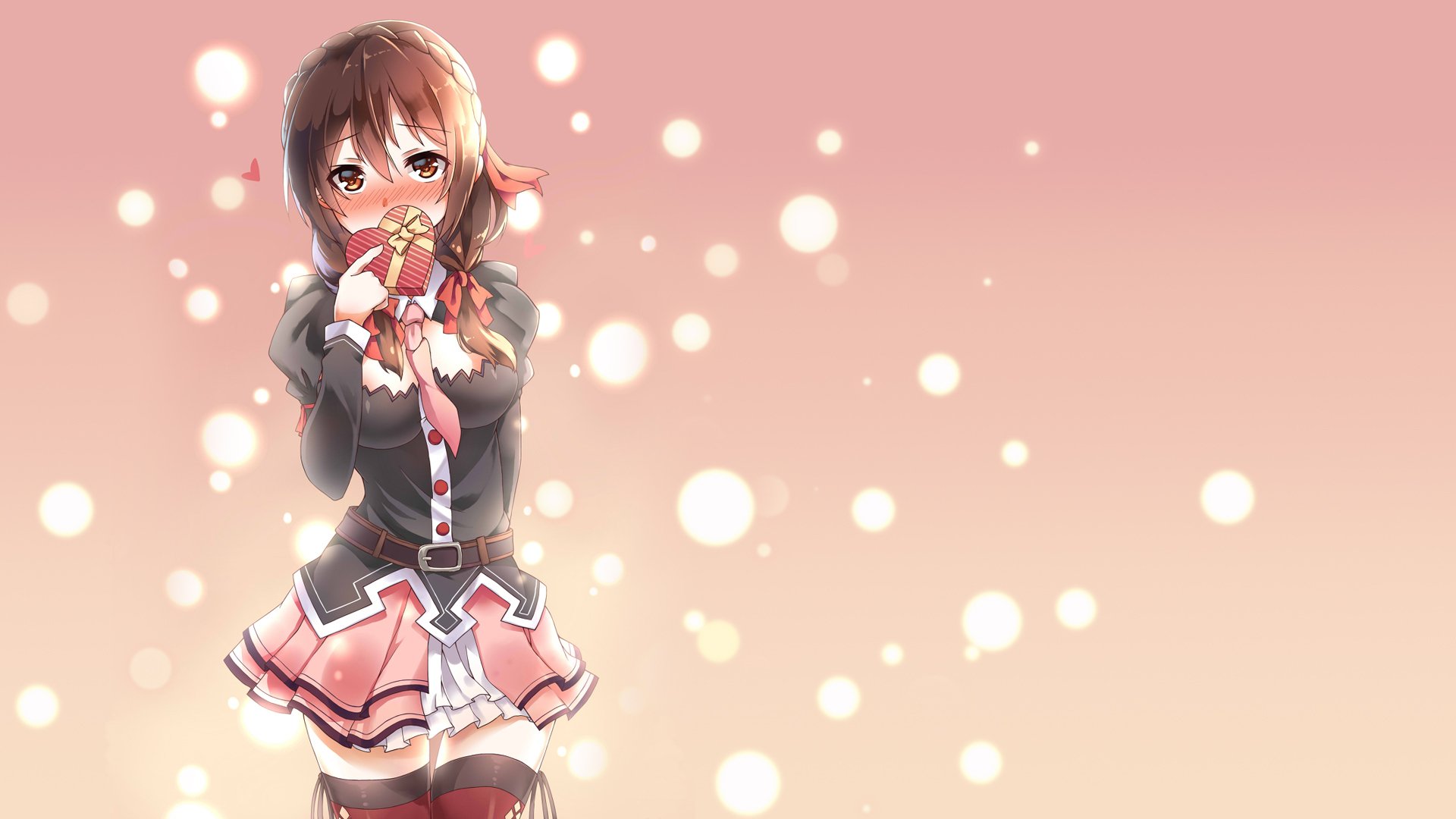 HD PC desktop wallpaper featuring Yunyun from the anime KonoSuba - God’s blessing on this wonderful world!! with a soft glowing bokeh background.