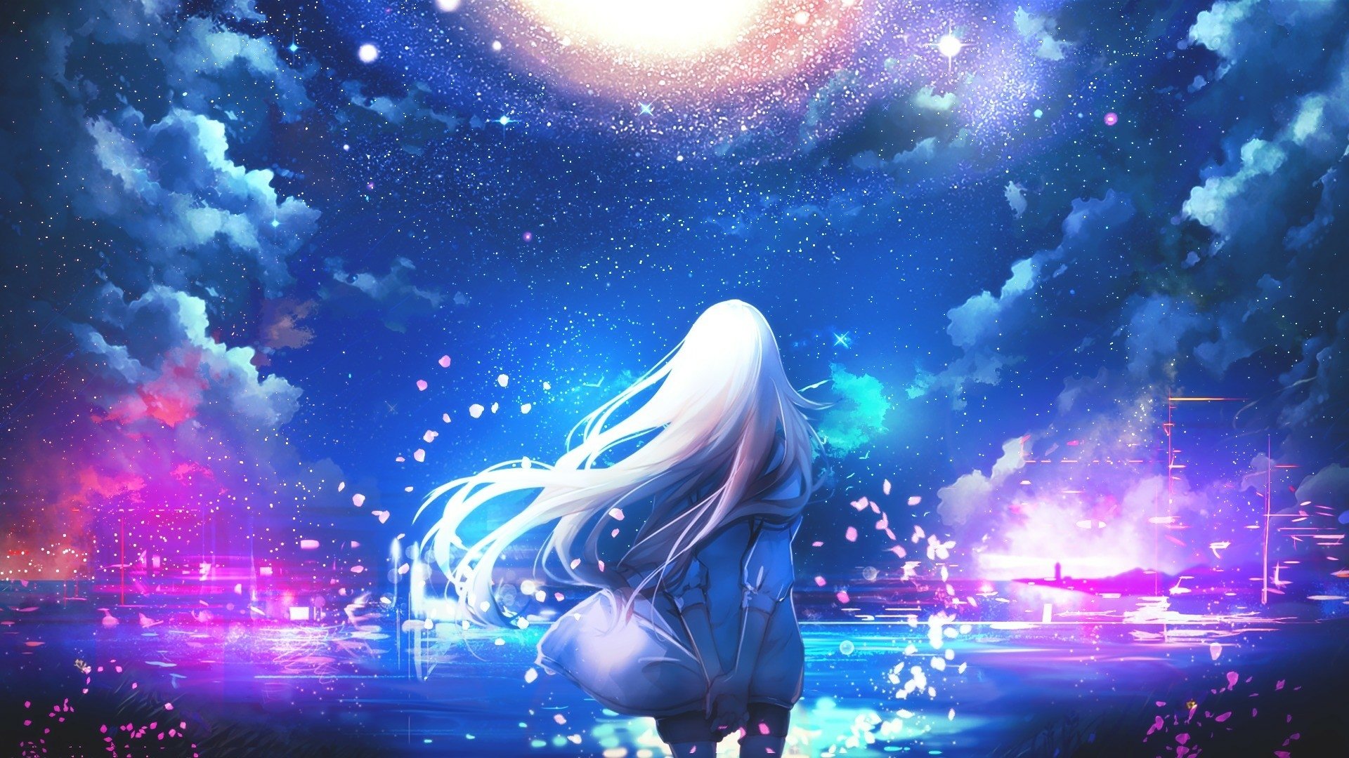 A stunning HD desktop wallpaper featuring an original anime character with flowing white hair under a bright, star-filled sky with vibrant colors and glowing cityscape in the background.