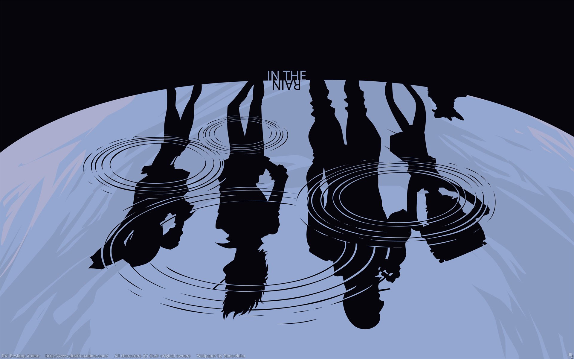 Silhouettes of characters from Cowboy Bebop, including Spike Spiegel, reflected in water, create a striking composition for this HD anime desktop wallpaper.