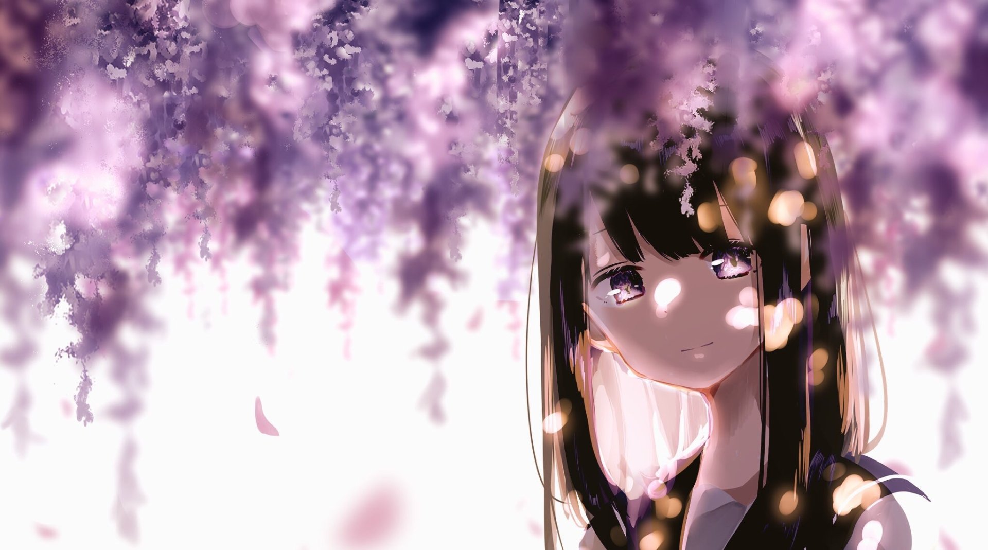 HD anime original wallpaper featuring a girl with long dark hair framed by soft, glowing cherry blossom petals and a dreamy, blurred background.