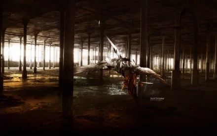 An abstract HD wallpaper featuring futuristic technology in a dimly lit industrial space, showcasing cool designs and intricate details amid shadows and reflections.