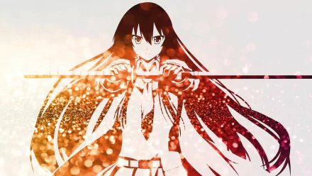 HD anime desktop wallpaper featuring Akame from Akame ga Kill!, depicted with her sword and long flowing hair against a glowing, sparkly background.