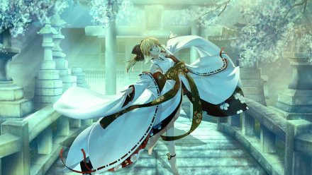 HD PC desktop wallpaper featuring Saber from Fate/unlimited codes in an elegant white outfit amidst a serene, cherry blossom-filled anime setting.