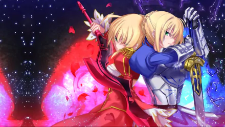 HD anime desktop wallpaper featuring Saber and Red Saber from Fate/Extra, striking dynamic poses with swords against a vibrant cosmic background.