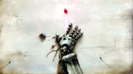 HD desktop wallpaper and background featuring a prosthetic metal arm and a red stone from the anime Fullmetal Alchemist.