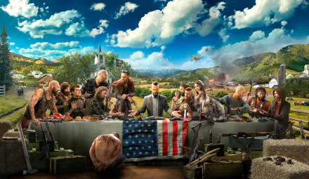 HD desktop wallpaper featuring a scene from Far Cry 5, showcasing characters gathered around a table in a rural setting with an American flag banner, mountains, and a church in the background.