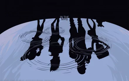 Silhouettes of characters from Cowboy Bebop, including Spike Spiegel, reflected in water, create a striking composition for this HD anime desktop wallpaper.