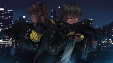 HD desktop wallpaper and background featuring UMP45 and UMP9 from the video game Girls Frontline, set against a night cityscape.