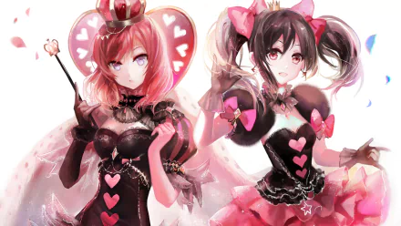 HD anime wallpaper featuring Nico Yazawa and Maki Nishikino from Love Live!, dressed in elegant black and pink heart-themed outfits with vibrant, detailed art style.