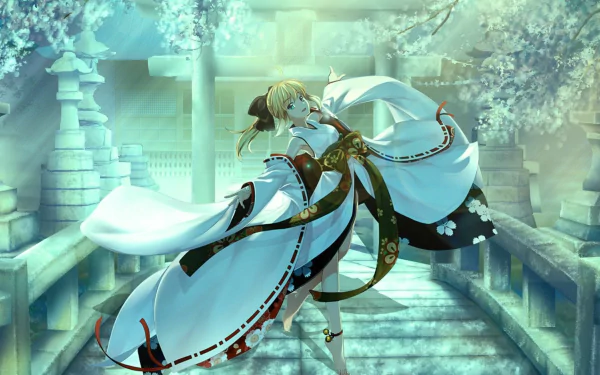 HD PC desktop wallpaper featuring Saber from Fate/unlimited codes in an elegant white outfit amidst a serene, cherry blossom-filled anime setting.