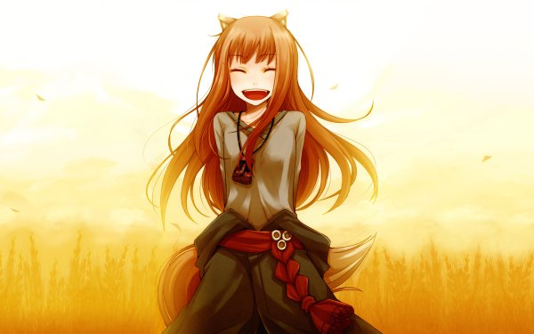 Anime Spice and Wolf Holo Smile Long Hair Brown Hair Necklace Animal Ears Tail Belt Sunset HD Wallpaper | Background Image
