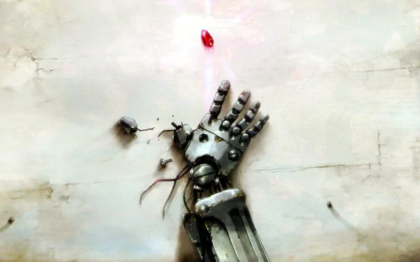 HD desktop wallpaper and background featuring a prosthetic metal arm and a red stone from the anime Fullmetal Alchemist.
