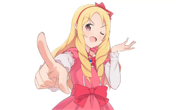 HD desktop wallpaper featuring Elf Yamada from the anime EroManga-Sensei, showcasing her in a pink outfit with a cheerful pose.