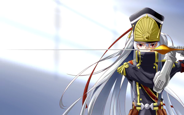 HD desktop wallpaper of Gunpuku no Himegimi from the anime Re:Creators, featuring an impressive pose of the character in detailed military attire against a blurred background.