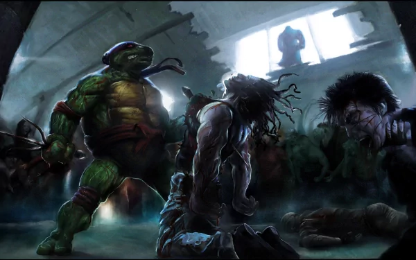 An intense scene depicting Raphael from Teenage Mutant Ninja Turtles in a dramatic fight with a mutant foe, surrounded by a shadowy backdrop of chaos and tension.