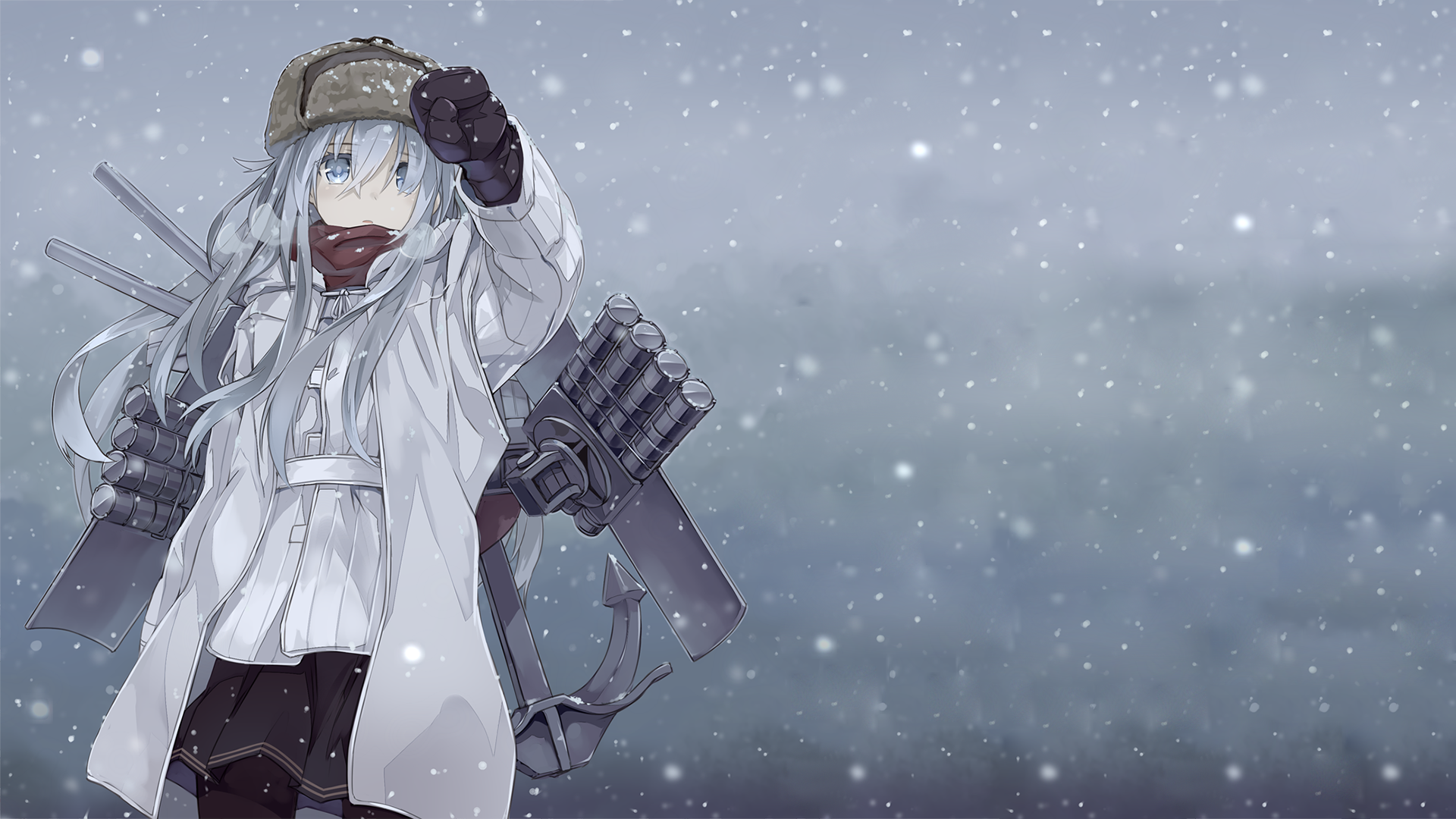 Hibiki (Kancolle) in an anime winter scene: white coat and cap, ship rigging on her back as snow falls over a gray sea — HD PC desktop wallpaper/background.